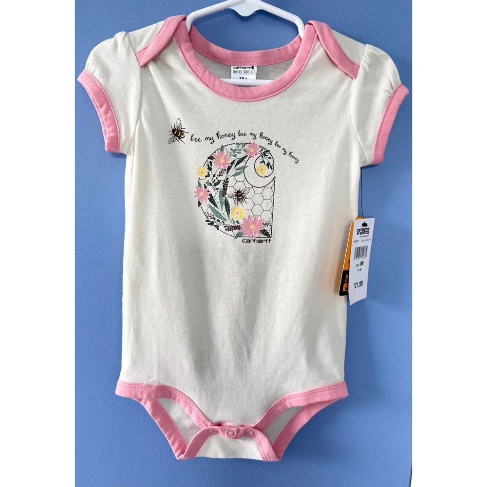 Carhartt Baby Girls Bee My Honey Floral Logo Bodysuit White Pink 18M SD9921-G